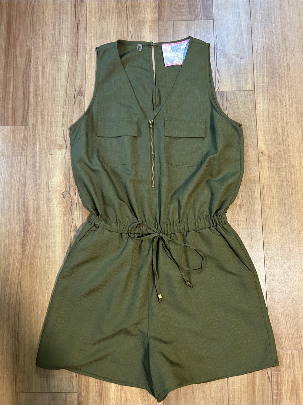 Sleeveless Olive Drawstring Romper with Front Zip